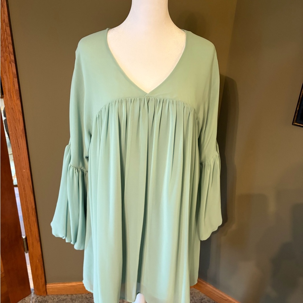 Lulu's Sage Green Pleated V-Neck Dress with Bishop Sleeves